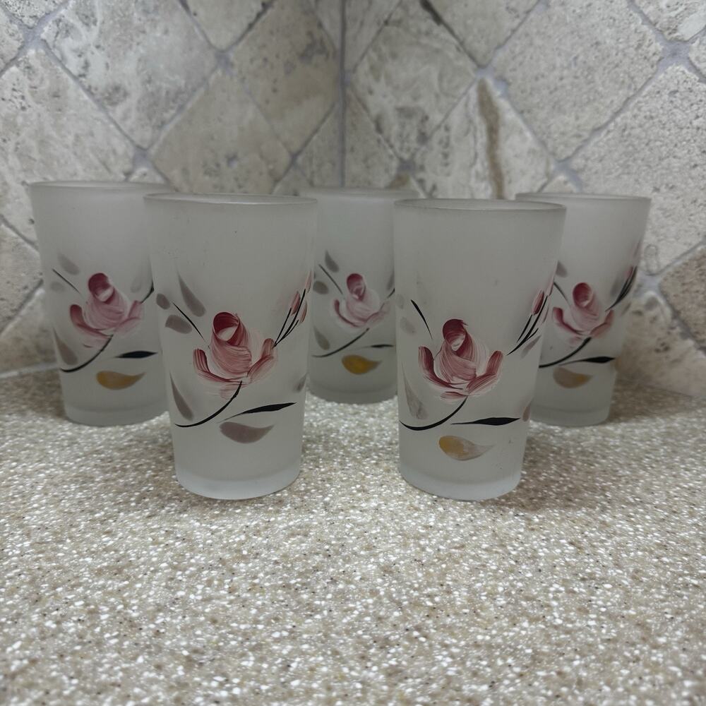 Vintage 5 Glasses Hand Painted Pink Roses Rosebud Floral Frosted Tumblers‎ MCM